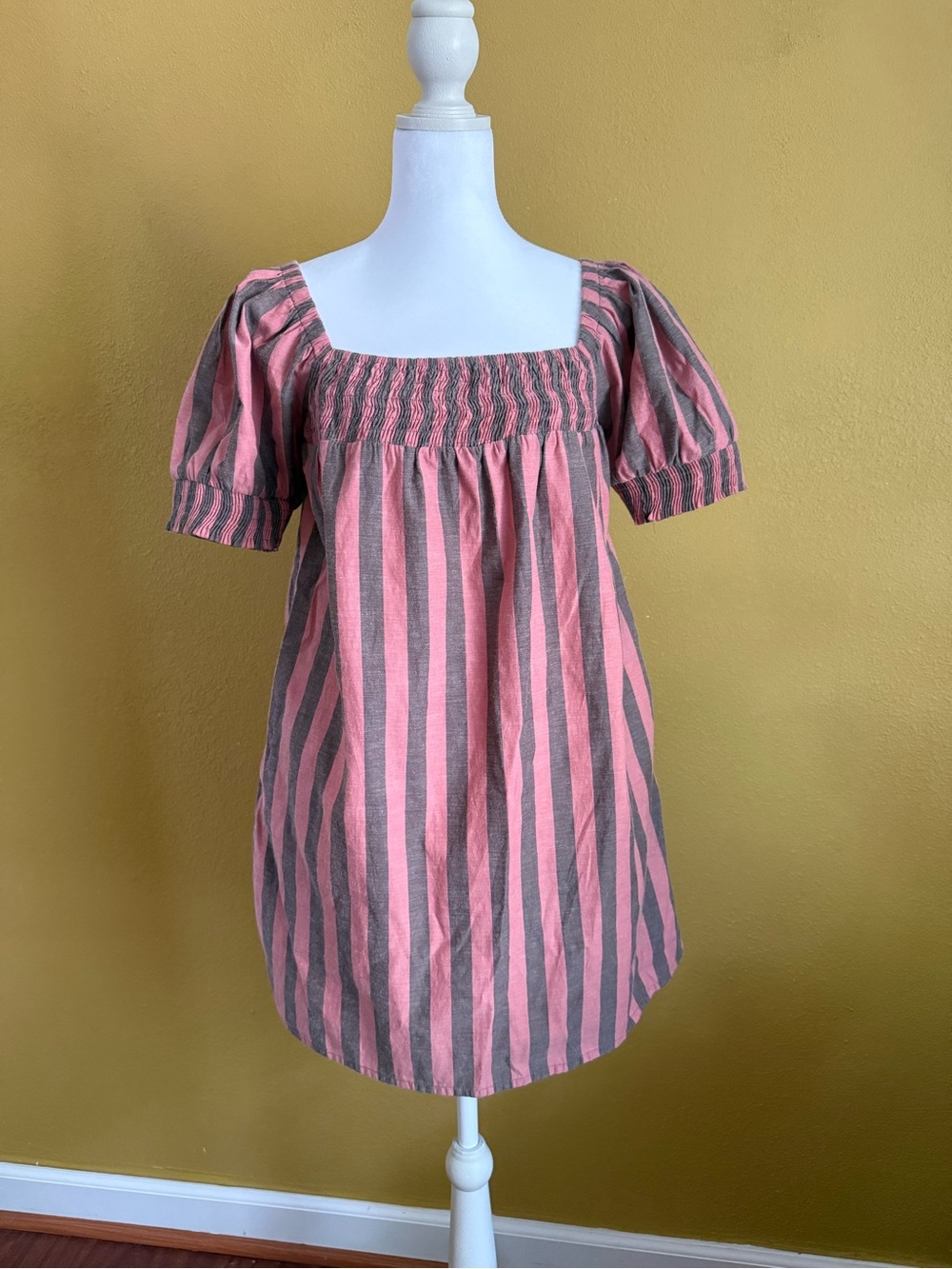 Smocked Square-Neck Mini Dress in Pink and Gray Stripes